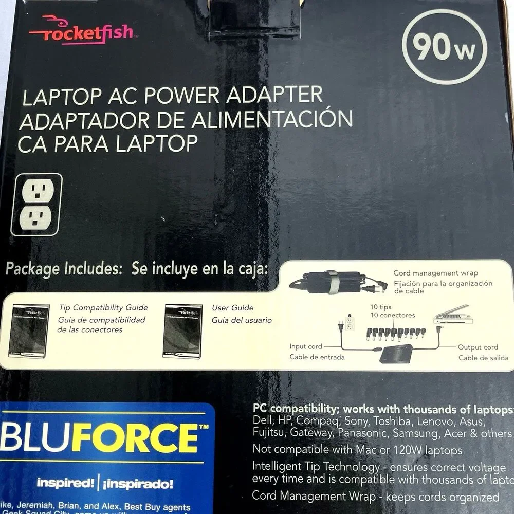 Rocketfish 9 Plug Tips PC Universal Laptop AC Power Adapter Cords 90W Bluforce